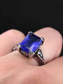 1個歐美復古藍寶石嵌入矩形時尚男士戒指,適合日常穿戴 - 復古銀色 - 查看 8