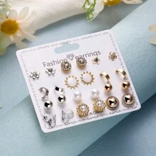 12對/套花鑲貝母心形草莓耳釘套裝,簡約金色女孩耳環,日常耳環套裝 - 彩色 - 查看 2