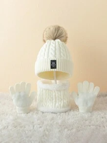 1set Children's 8.6-needle Knitted Hat Scarf Glove Set With Pom Poms - White - View 1