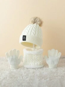 1set Children's 8.6-needle Knitted Hat Scarf Glove Set With Pom Poms - White - View 2