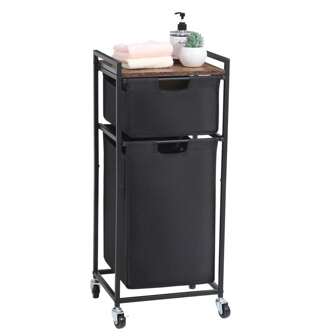 LUCKUP Laundry Hamper With Shelf, Laundry Sorter 2 Section With Removable Bags, Rolling Laundry Basket Cart With Wheels Laundry Room Storage And Organization, Dirty Clothes Hamper For Small Space