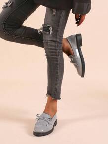 女灰色蝴蝶結一腳蹬樂福鞋透氣平底鞋