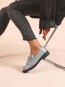 女灰色蝴蝶結一腳蹬樂福鞋透氣平底鞋