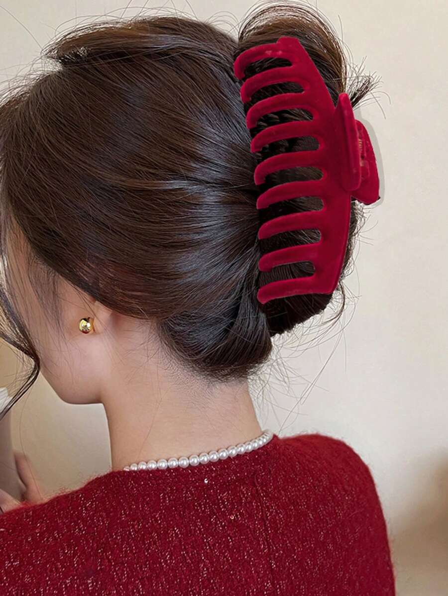 1 件裝女式純色秋冬天鵝絨毛絨蝴蝶結鏤空髮夾帶絲帶,優雅甜美時尚校園風格,適合派對裝扮、舞蹈搭配和日常使用 - 酒紅色 - 查看 1