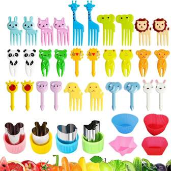 38pcs Cute Miniature Food Picks With Cartoon Animals Design For Snacks, Cakes, Fruits, With Cutting Tool And Silicon Lunch Box Divider ,Kitchen,Christmas Gift
