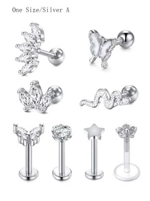 CIZME 1 Set (8 piezas) Pendientes de cartílago para mujeres, pendientes de moda para perforaciones de hélice y trago, fabricados en acero inoxidable con cristal artificial, circonita cúbica y aro labial, colores disponibles: plateado, dorado, rosa dorado y negro