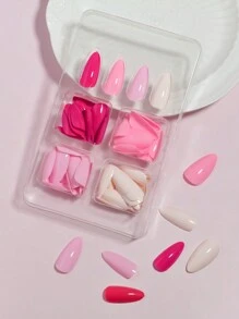 VV MEI JIA ER 情人节指甲 96 件渐变粉色系列按压式指甲情人节礼物长杏仁全覆盖假指甲自然按压式指甲适合女士和女孩纯色假指甲套装 + 1 片胶带 + 1 个指甲锉指甲用品 - 彩色 - 查看 6