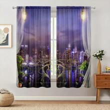 2pcs Night View Curtain, Window Treatment For Bedroom Living Room Kitchen Study Room Home Decor - Violet Purple - View 9