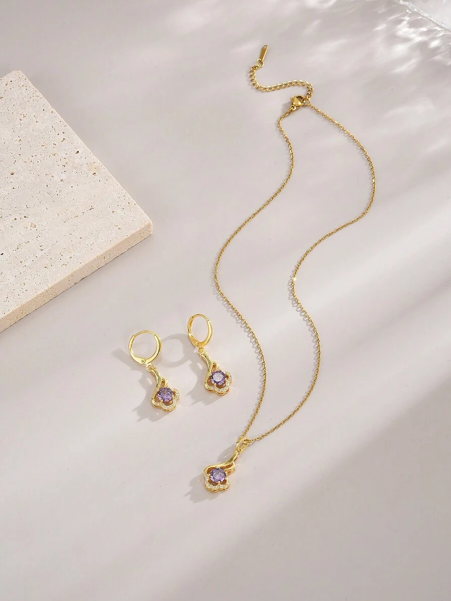 3pcs/Set Purple Cubic Zirconia Teardrop Shaped Pendant Necklace And Earrings For Women, Stainless Steel Material - Gold - View 1