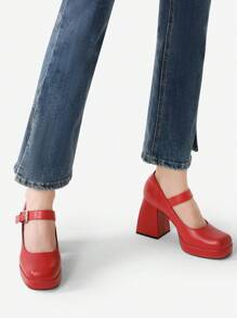Women High Chunky Platform Closed Toe Block Heels Square Toe Strappy Dress Prom Wedding Party Pumps Shoes - 紅色 - 查看 8