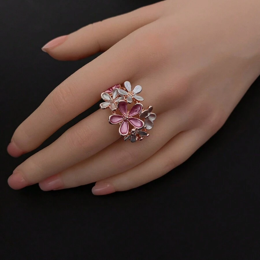 HaiDiLa 1只時尚的法式搪瓷和油滴花卉裝飾彈性戒指,適合日常穿著、假期和派對 - 玫紅色 - 查看 1