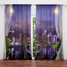2pcs Night View Curtain, Window Treatment For Bedroom Living Room Kitchen Study Room Home Decor - Violet Purple - View 2