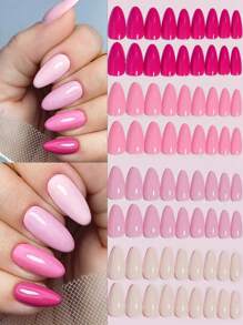 VV MEI JIA ER 情人节指甲 96 件渐变粉色系列按压式指甲情人节礼物长杏仁全覆盖假指甲自然按压式指甲适合女士和女孩纯色假指甲套装 + 1 片胶带 + 1 个指甲锉指甲用品 - 彩色 - 查看 1
