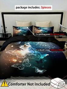 3入組花蝴蝶玫瑰花印花床單套裝，柔軟舒適被套，適用於臥室、客房 (1*被套+2*枕套，不包括核心) - 彩色 - 查看 3