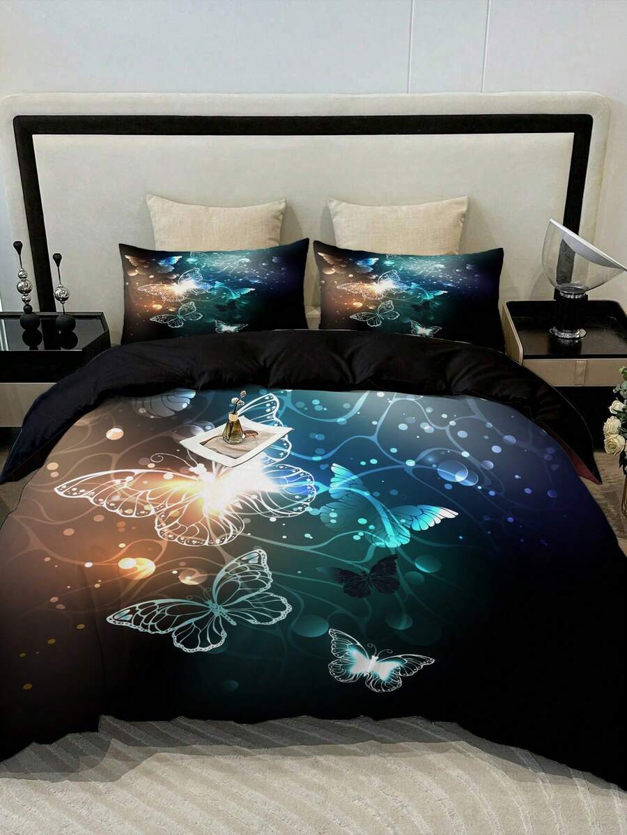 3入組花蝴蝶玫瑰花印花床單套裝，柔軟舒適被套，適用於臥室、客房 (1*被套+2*枕套，不包括核心) - 彩色 - 查看 1