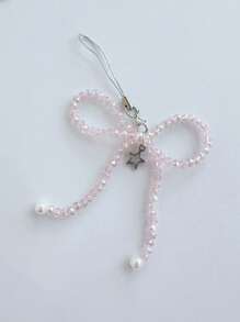 優雅1個透明珠鏈蝴蝶結＆星星鑰匙包掛件，可愛多功能手提包＆錢包裝飾配件 - 粉色 - 查看 3