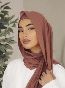 1pc Ladies' Solid Color Faux Pearl Embellished Chiffon Scarf, Suitable For Daily Wear Headband Soft Hijab For Abaya Women Veil - Rose Red - View 2