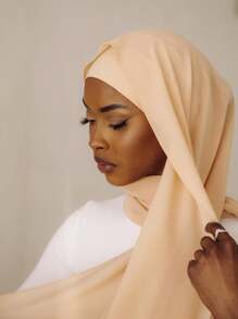 1pc Ladies' Soft Solid Color Chiffon Headscarf With Pearl Decoration, Suitable For Daily Wear - Khaki - View 1