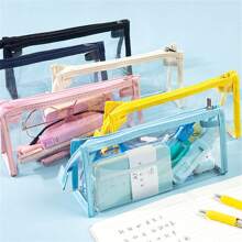 1 Pink New Highly Attractive Level Transparent PVC Pen Bag Students Wholesale Fashion Simple Stationery Storage Bag Simple Transparent Large Capacity Stationery Bag - Pink - View 1