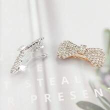 2pcs/Set Bow Rhinestone Crystal Hair Clips Metal Hairpin Fashion Hair Bow Barrettes Accessories For Girl - Gold - View 7