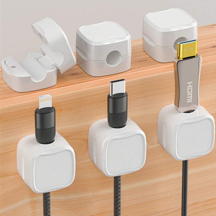 6pcs Magnetic Cable Clips [smooth & Adjustable], Cable Organizer, Adhesive Wire Holder, For Home Office Desk, Car, Wall, Bedside Table, Usb Data Cable Storage - White - View 1