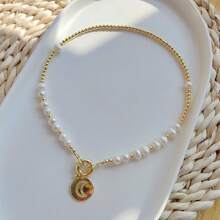 欧美流行款式天然珍珠项链，带新月细节，适合女士，浪漫别致串珠锁骨链，潮流 - 杏色 - 查看 8