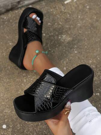 Women's Black Cracked Pattern Cross Strap Fashionable Thick Bottom Wedge Heel EVA Water-Proof Slides With Leather Surface