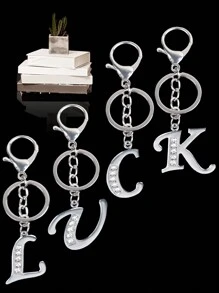 Llave creativa de una pieza de la calle con 26 letras brillantes y llavero de letra capital hueca con diamantes de imitación, regalo personalizado adecuado para todo tipo de personas - Plateado - Ver 1