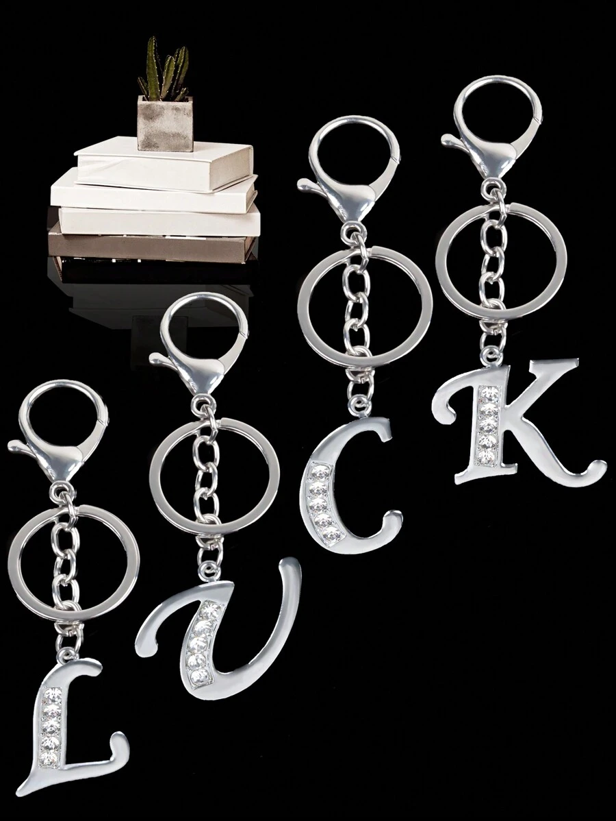 Llave creativa de una pieza de la calle con 26 letras brillantes y llavero de letra capital hueca con diamantes de imitación, regalo personalizado adecuado para todo tipo de personas - Plateado - Ver 1