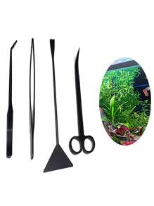 4pcs Stainless Steel Aquarium Aquatic Plant Tweezers, Algae Scraper, Straight & Curved Scissors, Sand Leveler For Fish Tank Decoration And Cleaning - Black - View 1
