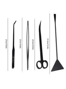 4pcs Stainless Steel Aquarium Aquatic Plant Tweezers, Algae Scraper, Straight & Curved Scissors, Sand Leveler For Fish Tank Decoration And Cleaning - Black - View 3