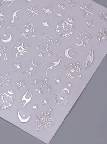 Metallic Silver Star Moon Nail Stickers 6pcs Y2k Style Flame Butterfly Star Boho Design 3D Decals Slider Nail Art Decoration DIY - Silver - View 10