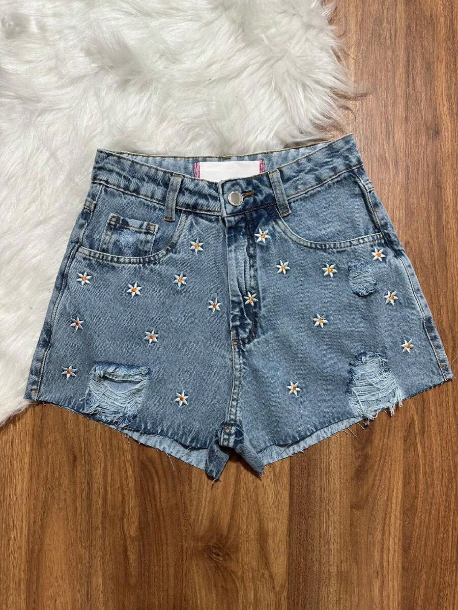 Women Denim Shorts - 中等水洗藍 - 查看 1