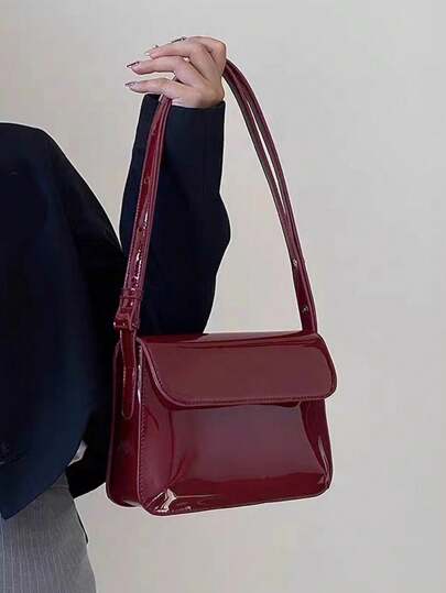Small Shoulder Bag Vintage Burgundy Flap Fashion Style,Patent Leather Glossy Waterproof PU Material Ladies Crossbody Bag ,The Best Valentines' Gift For Her, Fashionable Burgundy Bag