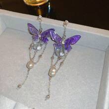 1pair 925 Silver Pin Dangle Earrings With Rhinestone, Crystal, Pearl & Butterfly Design, Sweet Style With Long Tassels, Suitable For Women's Daily Jewelry, Festival Gift - Purple - View 7