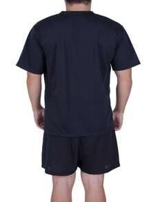 Men's Short Pajama Set - Adult Short-Sleeved V-Neck Shirt And Shorts - Hitam - View 3
