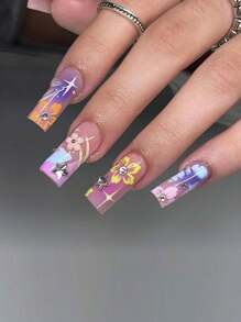 ARTAUG Elevate Your Style With 24pcs,Medium Square Multicolor Cherry Blossom Pattern, Blue French Edge, 3D Heart And Star Rhinestone Decoration,  Unfinished Fake Nail. Full Cover Fake Nail Set,1pc Nail File & 1Nail Glue Sticker Kit Nails For Girl Mother Women Gift And Nails Supplies &Wholesale .  Whitening Nail Art Set With Detachable Fake Nails For Festival, Party, Date And Daily Wear - Multicolor - View 1