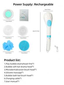 1只藍色多功能電動長柄淋浴刷,可充電,防水,附帶5個替換刷頭,6速調節,適用於身體清潔 - 藍色 - 查看 7