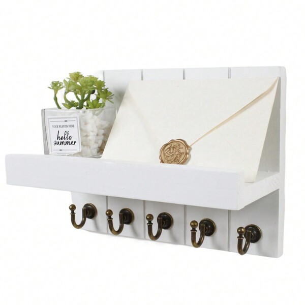 Vintage Wooden Wall Mounted Key Holder Mail Sorter Organizer Shelf With