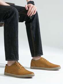 SHOESMALL Men's Leather Fashion Sneakers Retro Casual Shoes Breathable Dress Sneakers - AMY5104A-黃褐色 - 查看 2