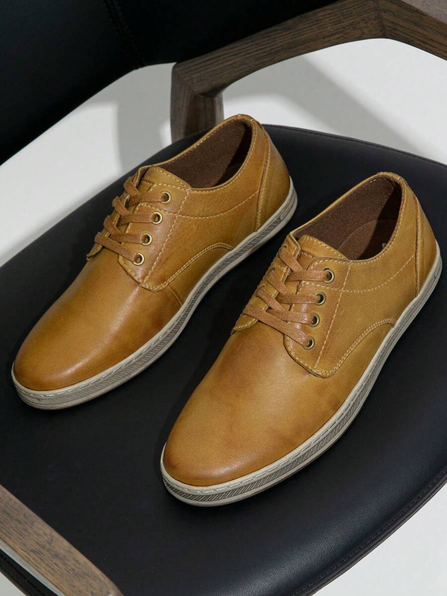 SHOESMALL Men's Leather Fashion Sneakers Retro Casual Shoes Breathable Dress Sneakers - AMY5104A-黃褐色 - 查看 1