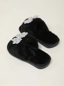 秋冬兒童時尚、舒適、百搭軟晶蝴蝶黑色字毛絨家居拖鞋 - 黑色 - 查看 5