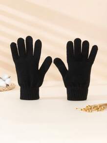 1pair Unisex Teenagers Simple Black Knitted Gloves, Suitable For Daily Cold Weather Outfits In Fall And Winter, Great Winter Gift - Black - View 6