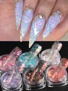 6盒多層次如冰晶般閃耀的蛋白石指甲亮片,全新的全息五彩光沙是玻璃紙顏料魅力凝膠磨光,適用於彩繪美甲,自己動手裝飾美甲 - 彩色 - 查看 1