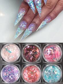 6盒多層次如冰晶般閃耀的蛋白石指甲亮片,全新的全息五彩光沙是玻璃紙顏料魅力凝膠磨光,適用於彩繪美甲,自己動手裝飾美甲 - 彩色 - 查看 5