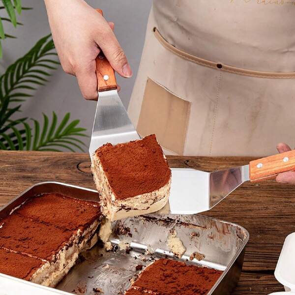 1 pièce Spatule à gâteau tiramisu en acier inoxydable à 3 bords avec manche en bois, convient pour la cuisine domestique, le restaurant occidental, l'hôtel, le teppanyaki, le steak, les crêpes, le transfert d'aliments, la cuisson de la pizza
