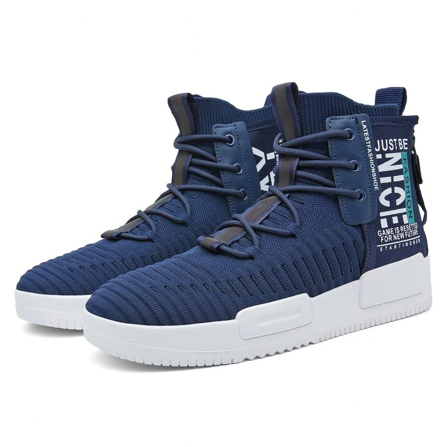 Men's Walking Shoes Lace Up High Top Sneakers Athletic Hip Hop Shoes Casual Breathable Shoe For Men - 深藍色 - 查看 1