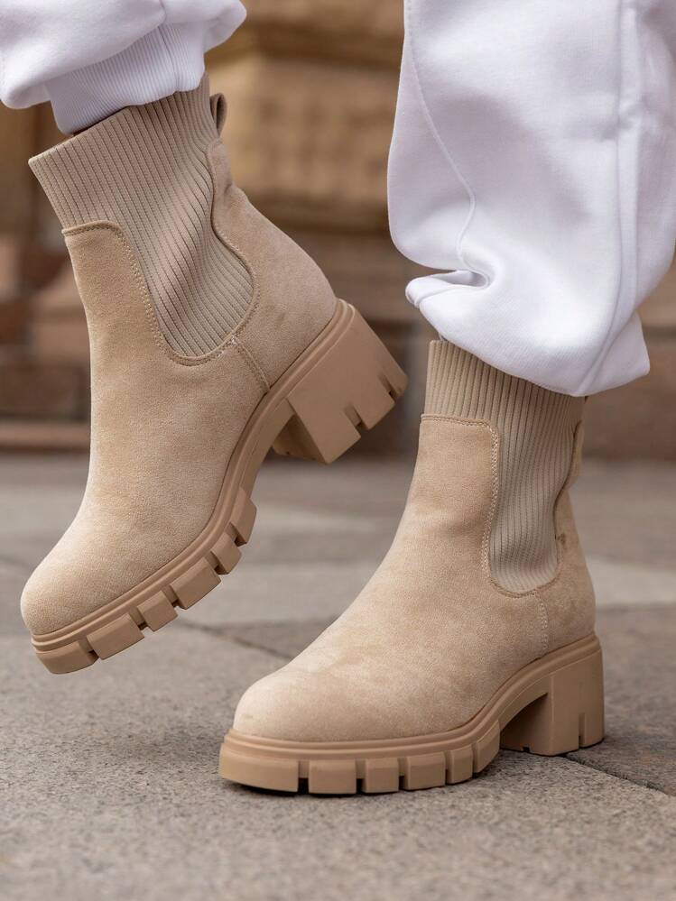 Botas De Plataforma De Chelsea Para Mujer Con Suela Gruesa Estilo Lug, Botines De Tacón Grueso Hasta La Pantorrilla Estilo Medio Deslizables, De Croché Elástico En Color Beige - Albaricoque - Añade 1