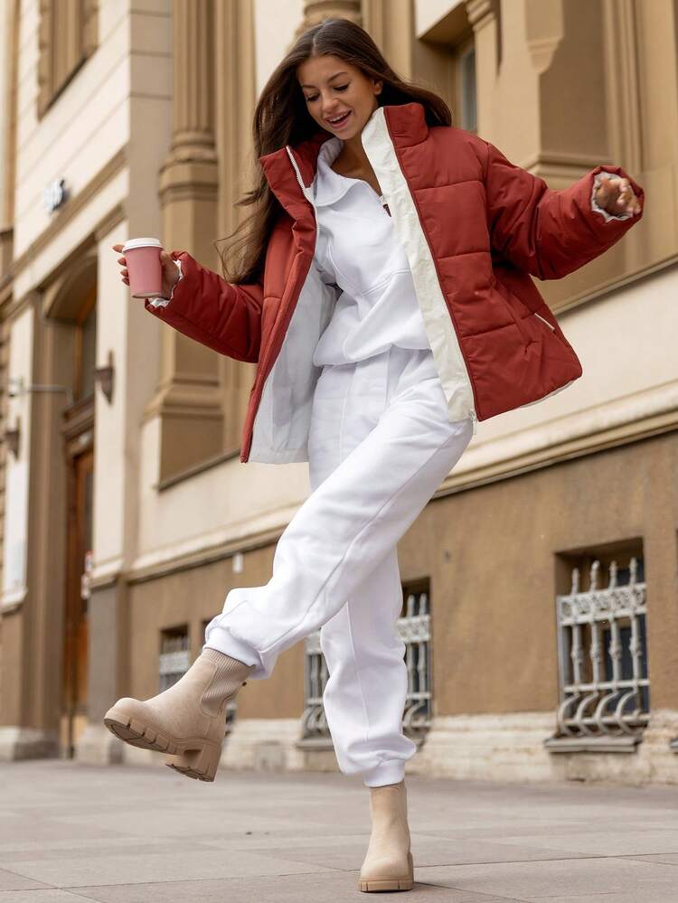 Botas De Plataforma De Chelsea Para Mujer Con Suela Gruesa Estilo Lug, Botines De Tacón Grueso Hasta La Pantorrilla Estilo Medio Deslizables, De Croché Elástico En Color Beige - Albaricoque - Añade 2