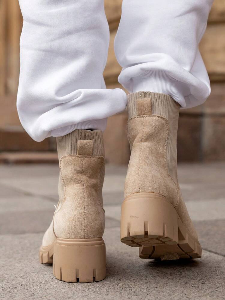 Botas De Plataforma De Chelsea Para Mujer Con Suela Gruesa Estilo Lug, Botines De Tacón Grueso Hasta La Pantorrilla Estilo Medio Deslizables, De Croché Elástico En Color Beige - Albaricoque - Añade 8